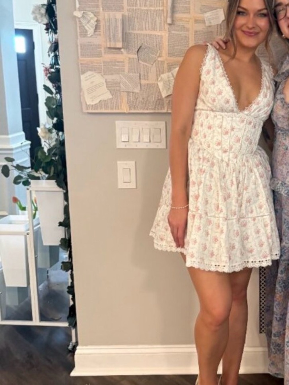 House of CB “Salma” Floral Lace-Trim Mini A-line Dress White with Pink Roses - Picture 5 of 15